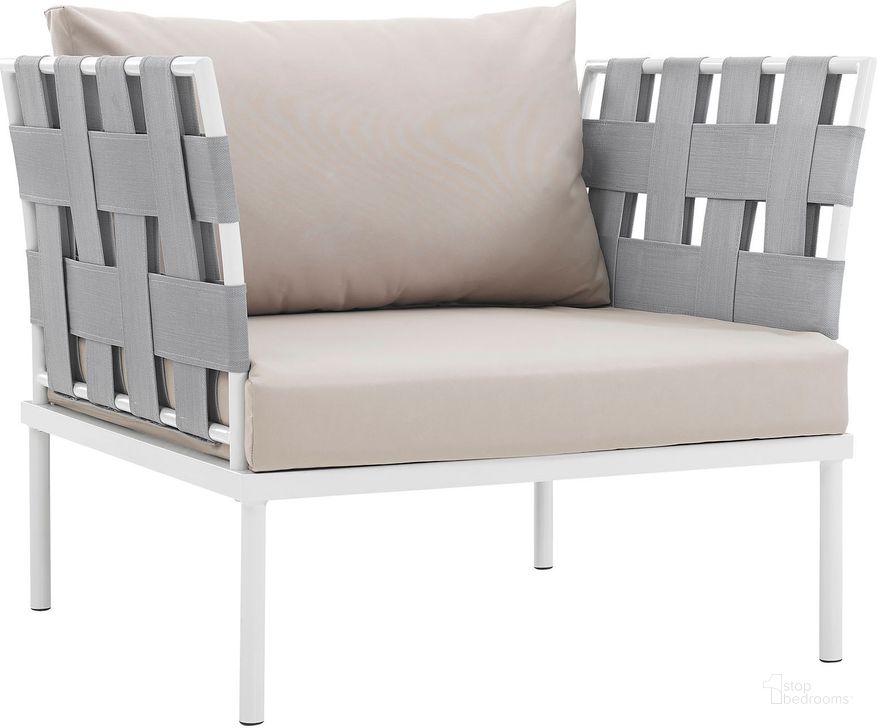 The appearance of Harmony White Beige Outdoor Patio Aluminum Arm Chair designed by Modway in the modern / contemporary interior design. This white beige piece of furniture  was selected by 1StopBedrooms from Harmony Collection to add a touch of cosiness and style into your home. Sku: EEI-2602-WHI-BEI. Product Type: Outdoor Dining Chair. Material: Foam. Image1