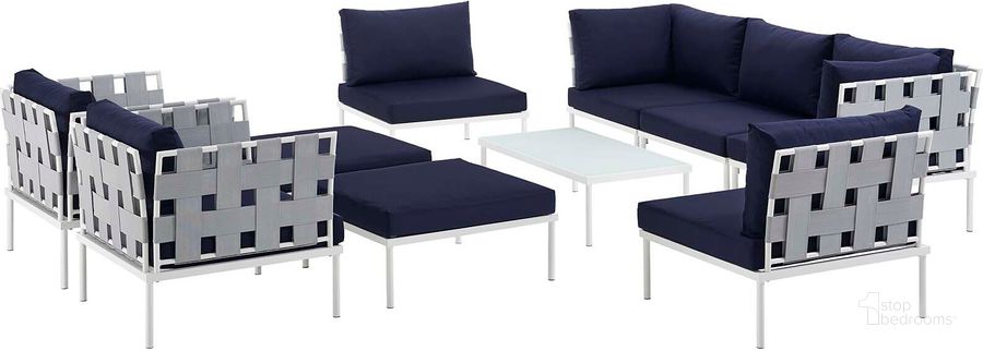 The appearance of Harmony White Navy 10 Piece Outdoor Patio Aluminum Sectional Sofa Set designed by Modway in the modern / contemporary interior design. This white navy piece of furniture  was selected by 1StopBedrooms from Harmony Collection to add a touch of cosiness and style into your home. Sku: EEI-2616-WHI-NAV-SET. Product Type: Outdoor Sofa. Material: Foam. Image1