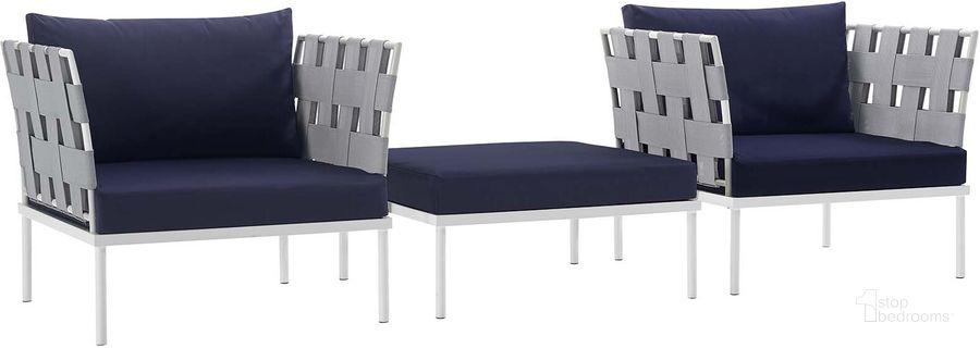 The appearance of Harmony White Navy 3 Piece Outdoor Patio Aluminum Sectional Sofa Set designed by Modway in the modern / contemporary interior design. This white navy piece of furniture  was selected by 1StopBedrooms from Harmony Collection to add a touch of cosiness and style into your home. Sku: EEI-2618-WHI-NAV-SET. Product Type: Outdoor Sofa. Material: Foam. Image1