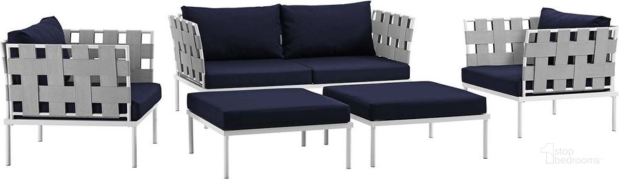 The appearance of Harmony White Navy 5 Piece Outdoor Patio Aluminum Sectional Sofa Set EEI-2621-WHI-NAV-SET designed by Modway in the modern / contemporary interior design. This white navy piece of furniture  was selected by 1StopBedrooms from Harmony Collection to add a touch of cosiness and style into your home. Sku: EEI-2621-WHI-NAV-SET. Product Type: Outdoor Sofa. Material: Foam. Image1