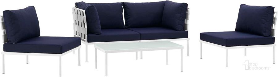 The appearance of Harmony White Navy 5 Piece Outdoor Patio Aluminum Sectional Sofa Set EEI-2622-WHI-NAV-SET designed by Modway in the modern / contemporary interior design. This white navy piece of furniture  was selected by 1StopBedrooms from Harmony Collection to add a touch of cosiness and style into your home. Sku: EEI-2622-WHI-NAV-SET. Product Type: Outdoor Sofa. Material: Foam. Image1