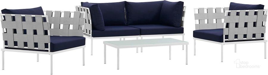 The appearance of Harmony White Navy 5 Piece Outdoor Patio Aluminum Sectional Sofa Set EEI-2623-WHI-NAV-SET designed by Modway in the modern / contemporary interior design. This white navy piece of furniture  was selected by 1StopBedrooms from Harmony Collection to add a touch of cosiness and style into your home. Sku: EEI-2623-WHI-NAV-SET. Product Type: Outdoor Sofa. Material: Foam. Image1