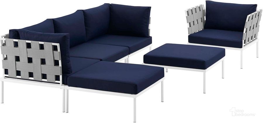 The appearance of Harmony White Navy 6 Piece Outdoor Patio Aluminum Sectional Sofa Set EEI-2626-WHI-NAV-SET designed by Modway in the modern / contemporary interior design. This white navy piece of furniture  was selected by 1StopBedrooms from Harmony Collection to add a touch of cosiness and style into your home. Sku: EEI-2626-WHI-NAV-SET. Product Type: Outdoor Sofa. Material: Foam. Image1