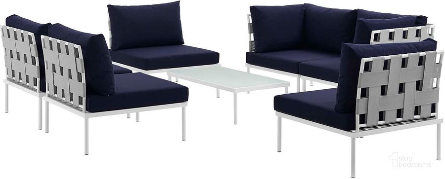 The appearance of Harmony White Navy 7 Piece Outdoor Patio Aluminum Sectional Sofa Set EEI-2617-WHI-NAV-SET designed by Modway in the modern / contemporary interior design. This white navy piece of furniture  was selected by 1StopBedrooms from Harmony Collection to add a touch of cosiness and style into your home. Sku: EEI-2617-WHI-NAV-SET. Product Type: Outdoor Sofa. Material: Foam. Image1