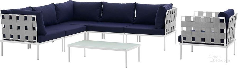 The appearance of Harmony White Navy 7 Piece Outdoor Patio Aluminum Sectional Sofa Set EEI-2620-WHI-NAV-SET designed by Modway in the modern / contemporary interior design. This white navy piece of furniture  was selected by 1StopBedrooms from Harmony Collection to add a touch of cosiness and style into your home. Sku: EEI-2620-WHI-NAV-SET. Product Type: Outdoor Sofa. Material: Foam. Image1