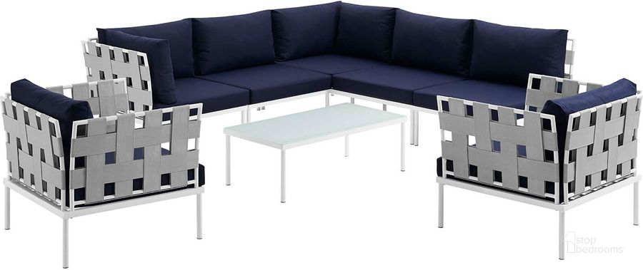 The appearance of Harmony White Navy 8 Piece Outdoor Patio Aluminum Sectional Sofa Set EEI-2619-WHI-NAV-SET designed by Modway in the modern / contemporary interior design. This white navy piece of furniture  was selected by 1StopBedrooms from Harmony Collection to add a touch of cosiness and style into your home. Sku: EEI-2619-WHI-NAV-SET. Product Type: Outdoor Sofa. Material: Foam. Image1