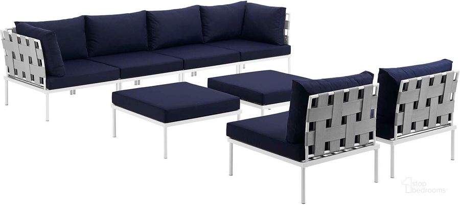 The appearance of Harmony White Navy 8 Piece Outdoor Patio Aluminum Sectional Sofa Set EEI-2624-WHI-NAV-SET designed by Modway in the modern / contemporary interior design. This white navy piece of furniture  was selected by 1StopBedrooms from Harmony Collection to add a touch of cosiness and style into your home. Sku: EEI-2624-WHI-NAV-SET. Product Type: Outdoor Sofa. Material: Foam. Image1