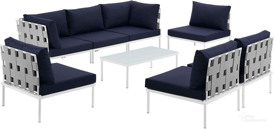 The appearance of Harmony White Navy 8 Piece Outdoor Patio Aluminum Sectional Sofa Set EEI-2625-WHI-NAV-SET designed by Modway in the modern / contemporary interior design. This white navy piece of furniture  was selected by 1StopBedrooms from Harmony Collection to add a touch of cosiness and style into your home. Sku: EEI-2625-WHI-NAV-SET. Product Type: Outdoor Sofa. Material: Foam. Image1