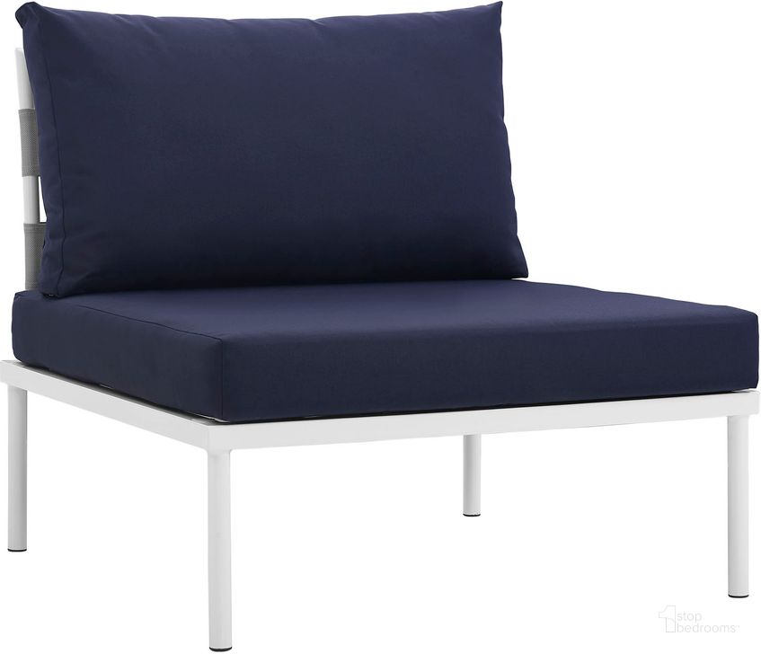 The appearance of Harmony White Navy Armless Outdoor Patio Aluminum Chair designed by Modway in the modern / contemporary interior design. This white navy piece of furniture  was selected by 1StopBedrooms from Harmony Collection to add a touch of cosiness and style into your home. Sku: EEI-2600-WHI-NAV. Product Type: Outdoor Chair. Material: Foam. Image1