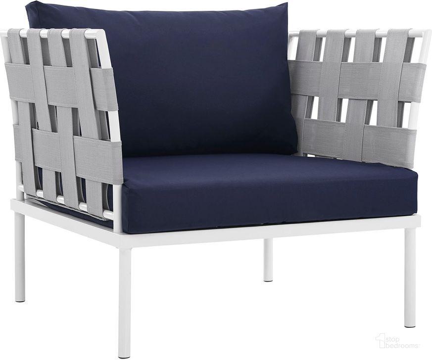 The appearance of Harmony White Navy Outdoor Patio Aluminum Arm Chair designed by Modway in the modern / contemporary interior design. This white navy piece of furniture  was selected by 1StopBedrooms from Harmony Collection to add a touch of cosiness and style into your home. Sku: EEI-2602-WHI-NAV. Product Type: Outdoor Dining Chair. Material: Foam. Image1