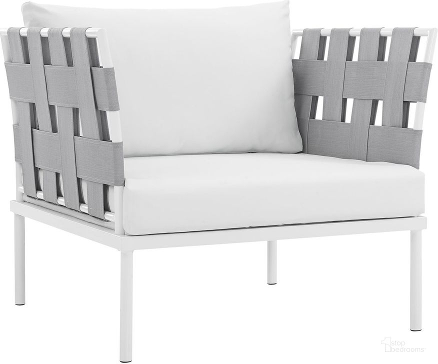 The appearance of Harmony White Outdoor Patio Aluminum Arm Chair designed by Modway in the modern / contemporary interior design. This white piece of furniture  was selected by 1StopBedrooms from Harmony Collection to add a touch of cosiness and style into your home. Sku: EEI-2602-WHI-WHI. Product Type: Outdoor Dining Chair. Material: Foam. Image1