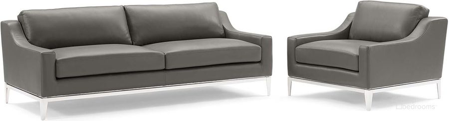 The appearance of Harness Stainless Steel Base Leather Sofa and Armchair Set EEI-4198-GRY-SET designed by Modway in the modern / contemporary interior design. This gray piece of furniture  was selected by 1StopBedrooms from Harness Collection to add a touch of cosiness and style into your home. Sku: EEI-4198-GRY-SET. Material: Wood. Product Type: Sofa. Image1