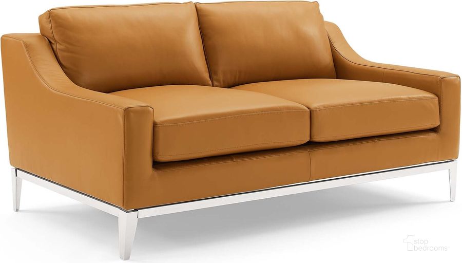 The appearance of Harness Tan 64 Inch Stainless Steel Base Leather Loveseat designed by Modway in the modern / contemporary interior design. This tan piece of furniture  was selected by 1StopBedrooms from Harness Collection to add a touch of cosiness and style into your home. Sku: EEI-3445-TAN. Material: Wood. Product Type: Loveseat. Image1