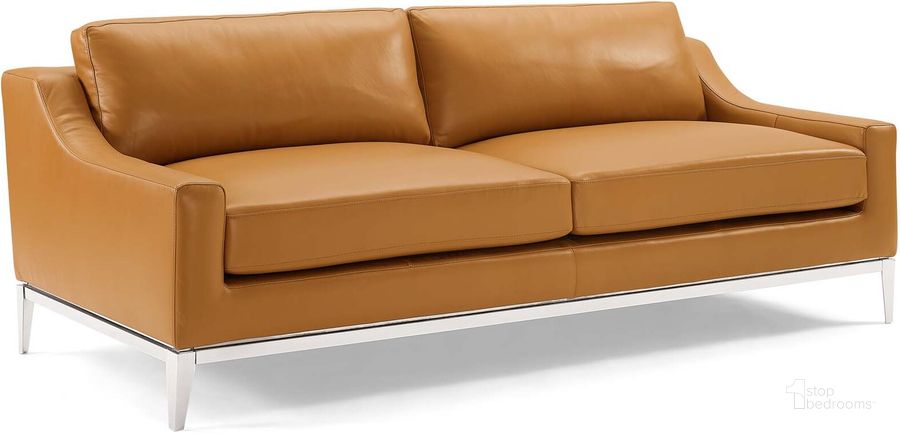 The appearance of Harness Tan 83.5 Inch Stainless Steel Base Leather Sofa designed by Modway in the modern / contemporary interior design. This tan piece of furniture  was selected by 1StopBedrooms from Harness Collection to add a touch of cosiness and style into your home. Sku: EEI-3444-TAN. Material: Leather. Product Type: Leather Sofa. Image1
