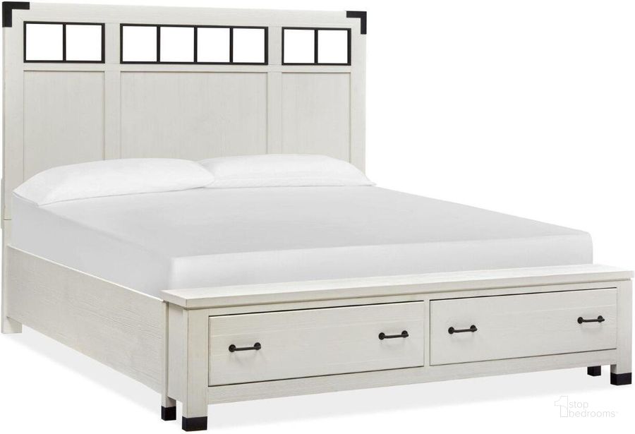 The appearance of Harper Springs Silo White Cal King Panel Storage Bed With Metal Headboard designed by Magnussen in the transitional interior design. This white piece of furniture  was selected by 1StopBedrooms from Harper Springs Collection to add a touch of cosiness and style into your home. Sku: B5321-68H;B5321-64SF;B5321-74R. Bed Type: Storage Bed. Product Type: Storage Bed. Bed Size: California King. Image1
