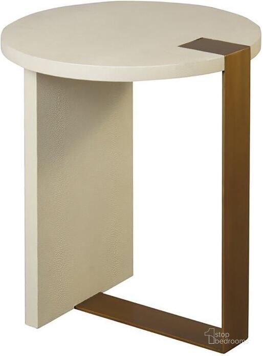 The appearance of Harrington Antique Brass And Cream Faux Shagreen Round Side Table designed by Worlds Away in the transitional interior design. This antique brass piece of furniture  was selected by 1StopBedrooms from Harrington Collection to add a touch of cosiness and style into your home. Sku: HARRINGTON CS. Material: Metal. Product Type: Side Table. Image1