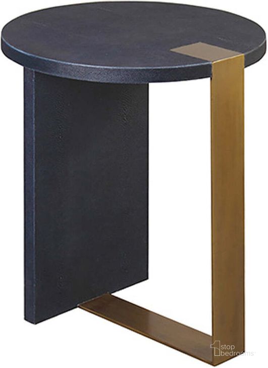 The appearance of Harrington Antique Brass And Navy Faux Shagreen Round Side Table designed by Worlds Away in the transitional interior design. This antique brass piece of furniture  was selected by 1StopBedrooms from Harrington Collection to add a touch of cosiness and style into your home. Sku: HARRINGTON NVYS. Material: Metal. Product Type: Side Table. Image1