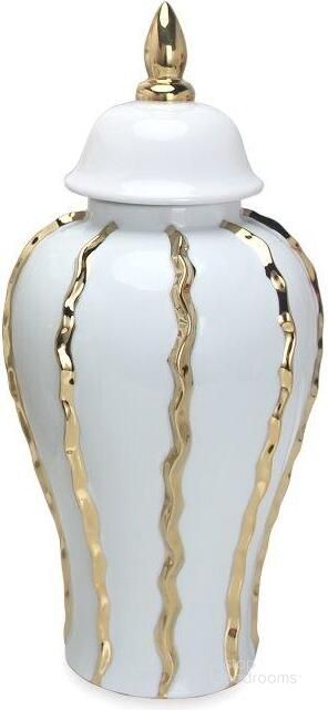 The appearance of Harrisville White/Gold Vase Decorative Accessory 0qb24536763 designed by Luxe Linea in the traditional interior design. This white/gold piece of furniture  was selected by 1StopBedrooms from Harrisville Collection to add a touch of cosiness and style into your home. Sku: FS200GJS. Material: Ceramic. Product Type: Vase. Image1