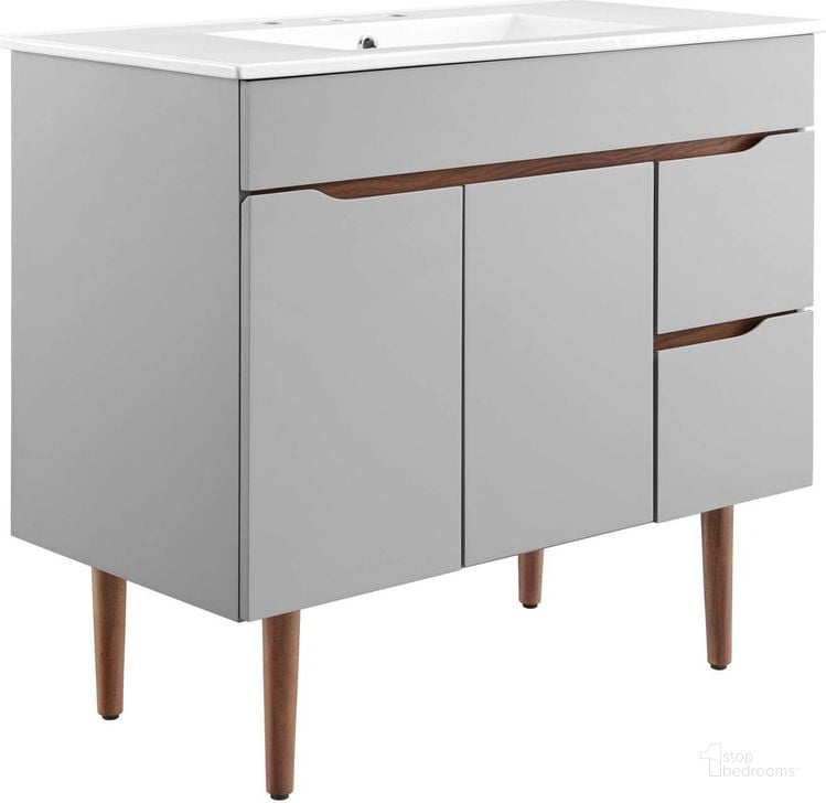The appearance of Harvest 36 Inch Bathroom Vanity EEI-4670-GRY-WHI designed by Modway in the modern / contemporary interior design. This gold and white piece of furniture  was selected by 1StopBedrooms from Harvest Collection to add a touch of cosiness and style into your home. Sku: EEI-4670-GRY-WHI. Material: Wood. Product Type: Bathroom Vanity. Image1