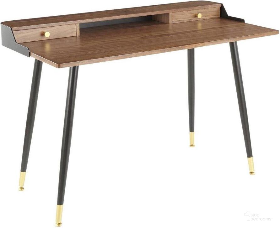 The appearance of Harvey Mid-Century Modern Desk In Black Metal And Walnut Wood With Gold Accent designed by Lumisource in the transitional interior design. This walnut and black piece of furniture  was selected by 1StopBedrooms from Harvey Collection to add a touch of cosiness and style into your home. Sku: OFD-HRVY BK+WL. Material: Wood. Product Type: Desk. Image1