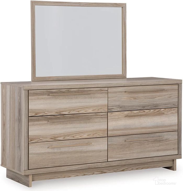 The appearance of Hasbrick Dresser and Mirror In Tan designed by Signature Design by Ashley in the transitional interior design. This tan piece of furniture  was selected by 1StopBedrooms from Hasbrick Collection to add a touch of cosiness and style into your home. Sku: B2075-231;B2075-36. Material: Wood. Product Type: Dresser and Mirror. Image1