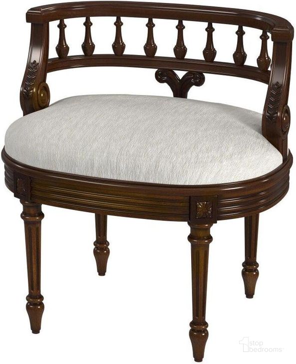 The appearance of Hathaway Antique Cherry Upholstered Vanity Seat designed by Butler Specialty Company in the traditional interior design. This antique cherry piece of furniture  was selected by 1StopBedrooms from Hathaway Collection to add a touch of cosiness and style into your home. Sku: 1218011. Material: MDF. Product Type: Vanity Bench. Image1