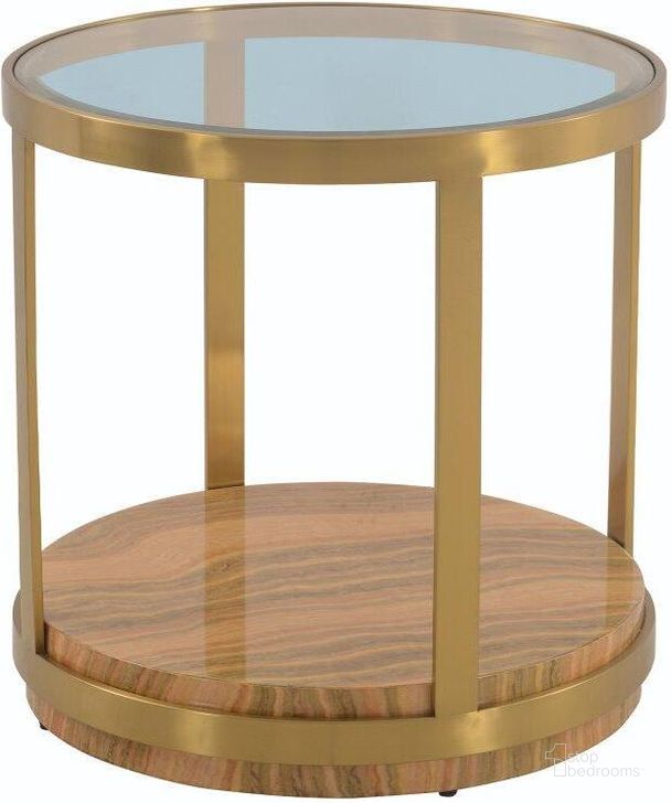 The appearance of Hattie Glass Top End Table With Brushed Gold Legs designed by Armen Living in the modern / contemporary interior design. This gold piece of furniture  was selected by 1StopBedrooms from Hattie Collection to add a touch of cosiness and style into your home. Sku: LCDXLAGLGLD. Material: Metal. Product Type: End Table. Image1