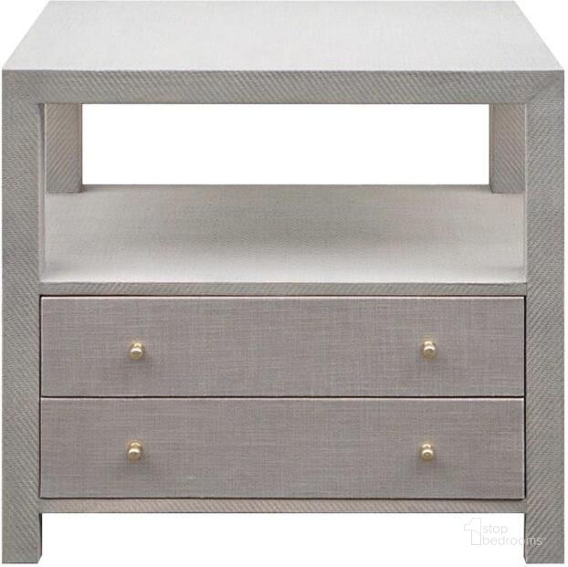 The appearance of Hattie Grey Grasscloth 2 Drawer Side Table designed by Worlds Away in the transitional interior design. This gray piece of furniture  was selected by 1StopBedrooms from Hattie Collection to add a touch of cosiness and style into your home. Sku: HATTIE GRY. Material: Metal. Product Type: Side Table. Image1