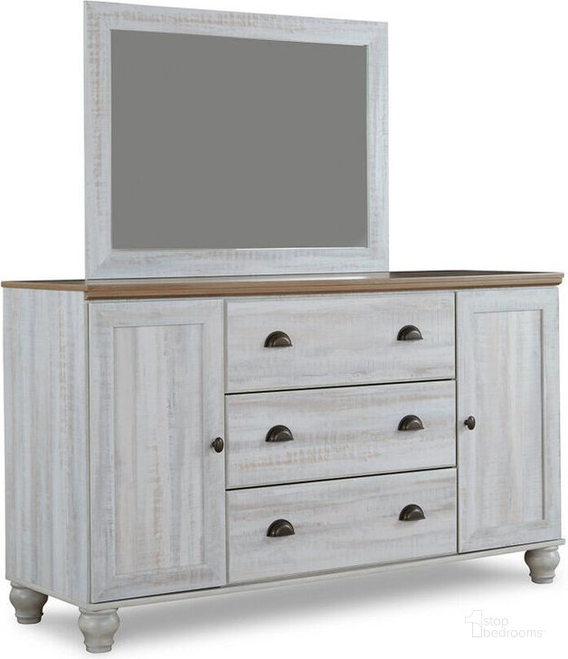 The appearance of Haven Bay Dresser and Mirror In Two-tone designed by Signature Design by Ashley in the traditional interior design. This two-tone piece of furniture  was selected by 1StopBedrooms from Haven Bay Collection to add a touch of cosiness and style into your home. Sku: B1512-231;B1512-36. Material: Wood. Product Type: Dresser and Mirror. Image1