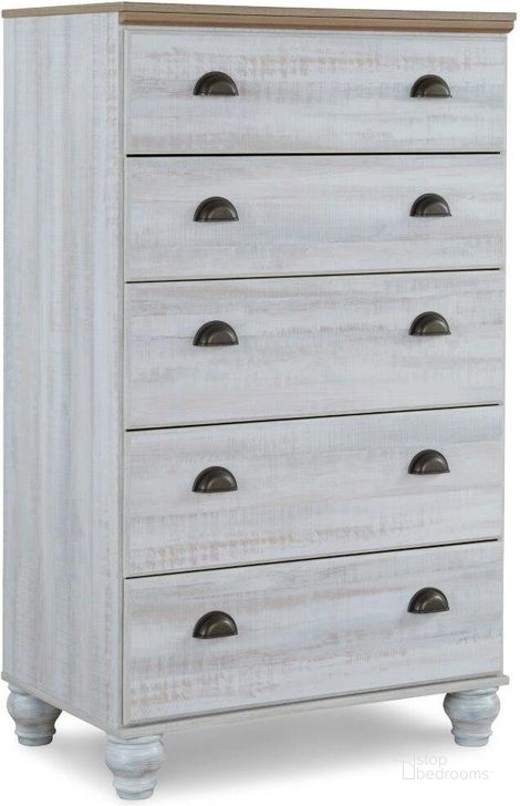 The appearance of Haven Bay Two Tone 5 Drawer Chest designed by Signature Design by Ashley in the traditional interior design. This two-tone piece of furniture  was selected by 1StopBedrooms from Haven Bay Collection to add a touch of cosiness and style into your home. Sku: B1512-245. Material: Wood. Product Type: Chest. Image1
