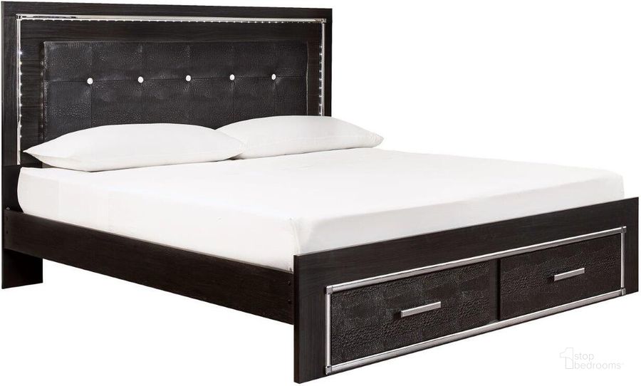 The appearance of Hawksville Black King Panel Bed 0qd24303780 designed by Luxe Linea in the modern / contemporary interior design. This black piece of furniture  was selected by 1StopBedrooms from Hawksville Collection to add a touch of cosiness and style into your home. Sku: B1420-58;B1420-56S;B1420-95;B100-14. Bed Type: Storage Bed. Material: Fabric. Product Type: Storage Bed. Bed Size: King. Image1