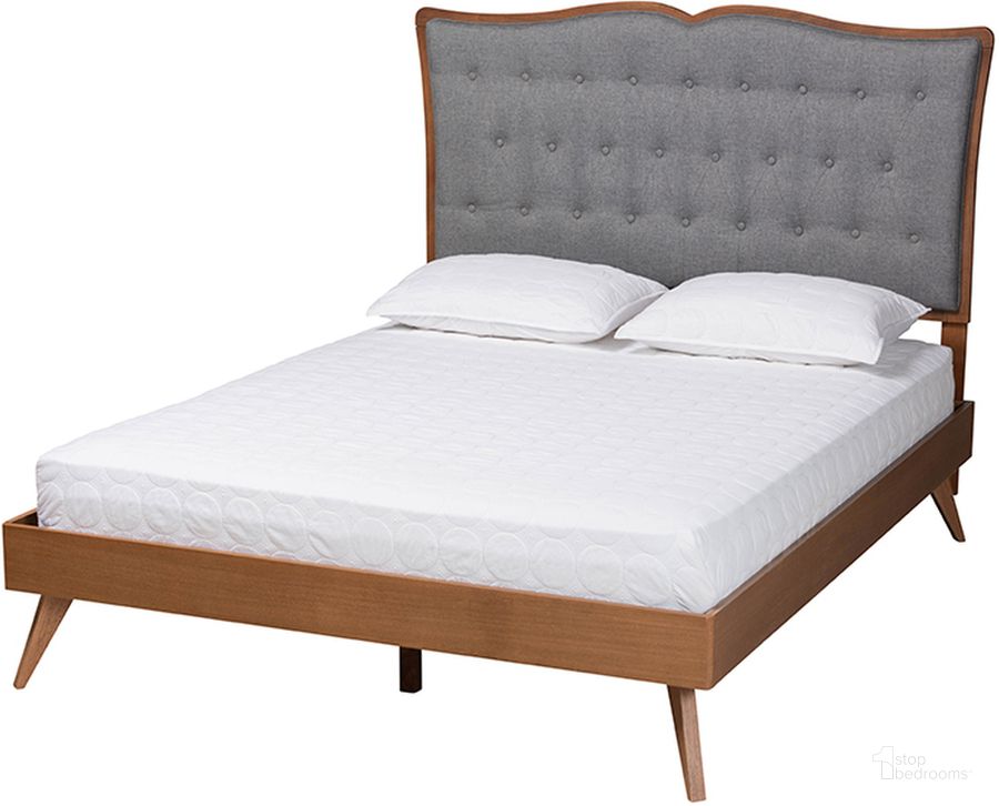 The appearance of Hawthorn Grey Fabric and Walnut Brown Finished Wood King Platform Bed designed by Baxton Studio in the traditional interior design. This grey and walnut piece of furniture  was selected by 1StopBedrooms from Hawthorn Collection to add a touch of cosiness and style into your home. Sku: MG9766/9704-Walnut-King. Bed Type: Platform Bed. Product Type: Platform Bed. Bed Size: King. Material: Rubberwood. Image1