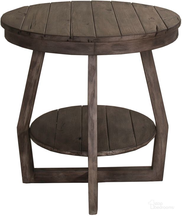 The appearance of Hayden Way Gray Wash End Table designed by Liberty in the transitional interior design. This brown piece of furniture  was selected by 1StopBedrooms from Hayden Collection to add a touch of cosiness and style into your home. Sku: 41-OT1020. Table Top Shape: Round. Material: Wood. Product Type: End Table. Image1