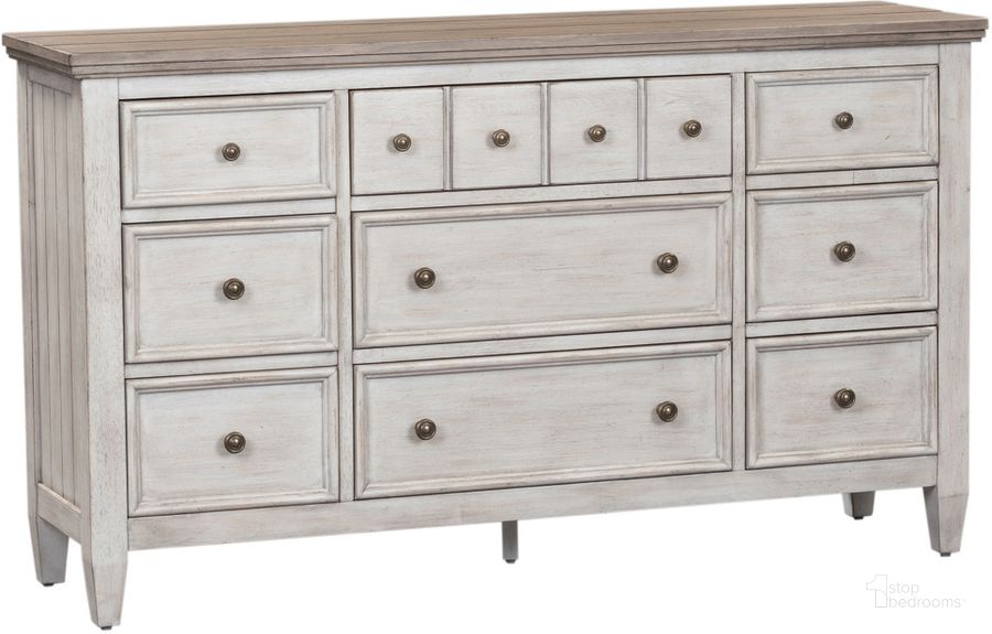 The appearance of Heartland Antique White 9 Drawer Dresser designed by Liberty in the country / farmhouse interior design. This white piece of furniture  was selected by 1StopBedrooms from Heartland Collection to add a touch of cosiness and style into your home. Sku: 824-BR31. Product Type: Dresser. Material: Rubberwood. Image1
