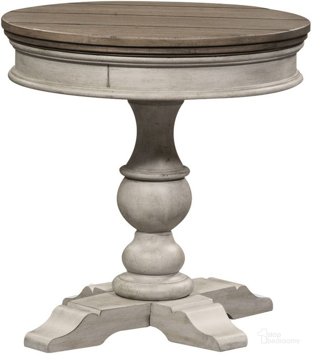 The appearance of Heartland Antique White Round Pedestal Chair Side Table designed by Liberty in the country / farmhouse interior design. This off white piece of furniture  was selected by 1StopBedrooms from Heartland Collection to add a touch of cosiness and style into your home. Sku: 824-OT1022. Product Type: Side Table. Material: Rubberwood. Image1