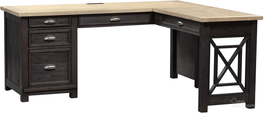 The appearance of Heatherbrook Opt L Shaped Desk Set In Charcoal and Ash With Wirebrush Distressing designed by Liberty in the transitional interior design. This charcoal piece of furniture  was selected by 1StopBedrooms from Heatherbrook Collection to add a touch of cosiness and style into your home. Sku: 422-HO111;422-HO111B;422-HO121. Product Type: Desk. Material: Wood Veneer. Image1