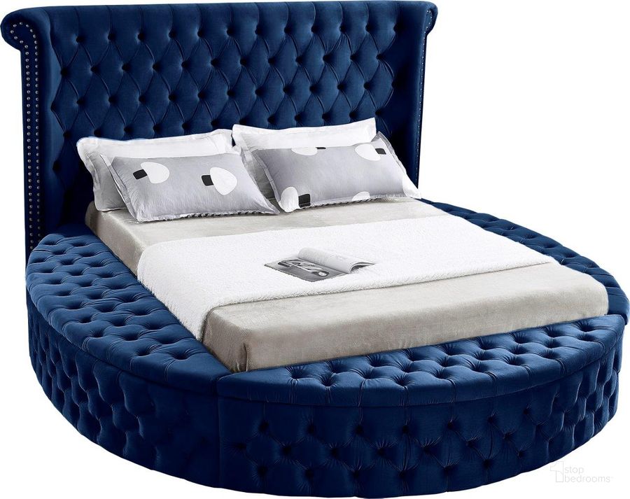 The appearance of Hebbville Navy Velvet Queen Platform Bed designed by Furnique in the modern / contemporary interior design. This navy piece of furniture  was selected by 1StopBedrooms from Hebbville Collection to add a touch of cosiness and style into your home. Sku: LuxusNavy-Q-1;LuxusNavy-Q-2;LuxusNavy-Q-3. Bed Type: Storage Bed. Product Type: Storage Bed. Bed Size: Queen. Material: Velvet. Image1