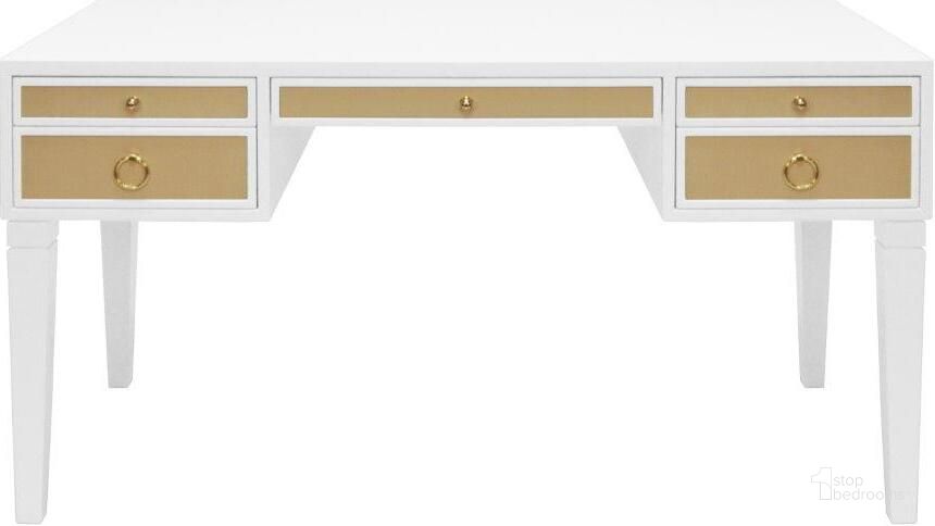 The appearance of Heidi White Matte Lacquer And Brass Desk designed by Worlds Away in the modern / contemporary interior design. This white piece of furniture  was selected by 1StopBedrooms from Heidi Collection to add a touch of cosiness and style into your home. Sku: HEIDI WH. Material: Metal. Product Type: Desk. Image1