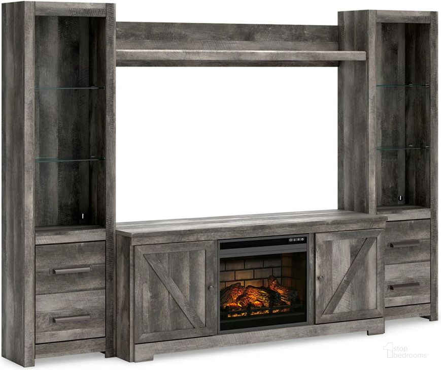 The appearance of Heidmore Gray Entertainment Center and Wall 0qd2372662 designed by Off 5th Home in the rustic / southwestern interior design. This gray piece of furniture  was selected by 1StopBedrooms from Heidmore Collection to add a touch of cosiness and style into your home. Sku: W440-24;W440-24;W440-27;W440-68;W100-101. Material: Wood. Product Type: Entertainment Centers and Wall. Image1