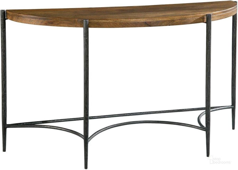 The appearance of Hekman Demilune Table With Forged Legs designed by Hekman in the transitional interior design. This brown piece of furniture  was selected by 1StopBedrooms from Bedford Park Collection to add a touch of cosiness and style into your home. Sku: 23715. Material: Wood. Product Type: Accent Table.