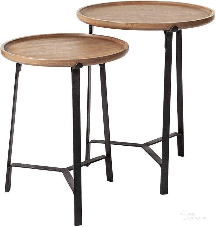 The appearance of Helios Iii Round Brown Solid Wood Iron Base Nesting Side Tables Set of 2 designed by Mercana in the modern / contemporary interior design. This black and brown piece of furniture  was selected by 1StopBedrooms from Helios Collection to add a touch of cosiness and style into your home. Sku: 69014. Material: Wood. Product Type: Nesting Table. Image1