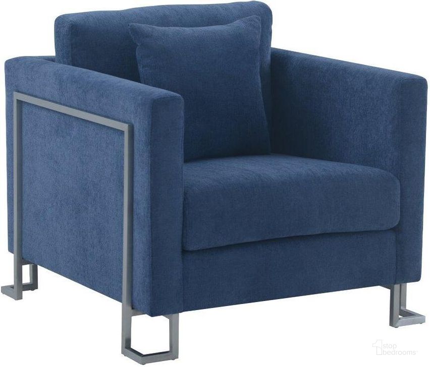 The appearance of Heritage Blue Fabric Upholstered Accent Chair With Brushed Stainless Steel Legs designed by Armen Living in the modern / contemporary interior design. This blue piece of furniture  was selected by 1StopBedrooms from Heritage Collection to add a touch of cosiness and style into your home. Sku: LCHT1BLUE. Material: Metal. Product Type: Accent Chair. Image1
