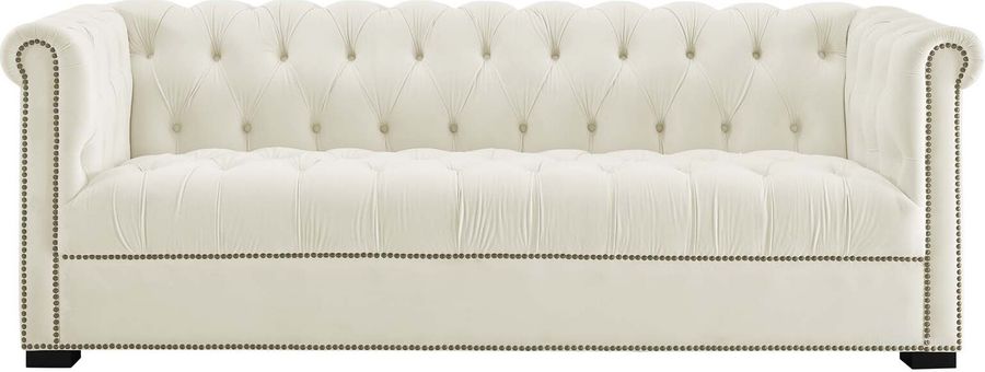 The appearance of Heritage Ivory Performance Velvet Sofa designed by Modway in the modern / contemporary interior design. This ivory piece of furniture  was selected by 1StopBedrooms from Heritage Collection to add a touch of cosiness and style into your home. Sku: EEI-3064-IVO. Material: Wood. Product Type: Sofa. Image1