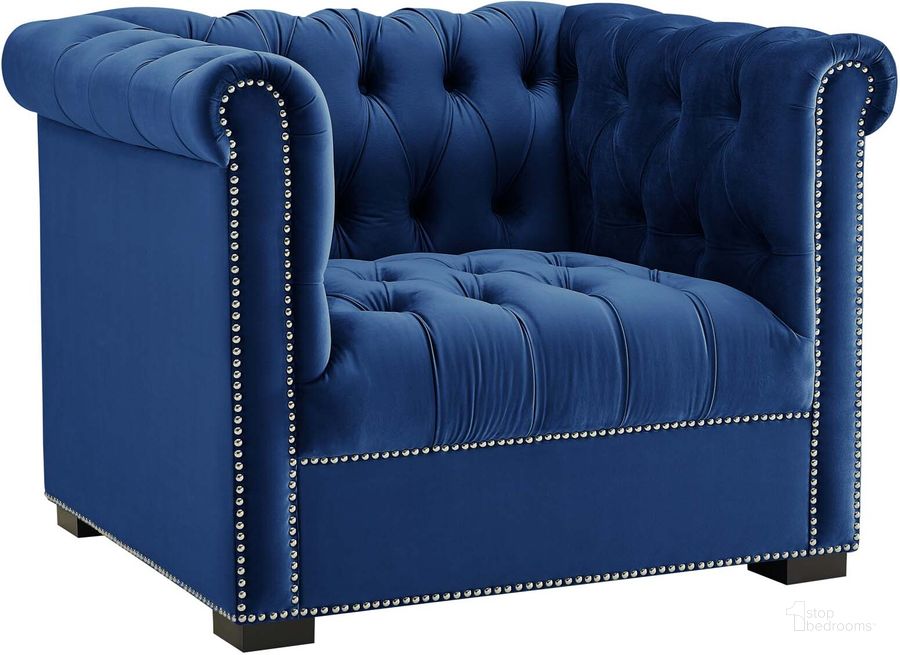 The appearance of Heritage Midnight Blue Performance Velvet Arm Chair designed by Modway in the modern / contemporary interior design. This midnight blue piece of furniture  was selected by 1StopBedrooms from Heritage Collection to add a touch of cosiness and style into your home. Sku: EEI-3065-MID. Material: Wood. Product Type: Living Room Chair. Image1