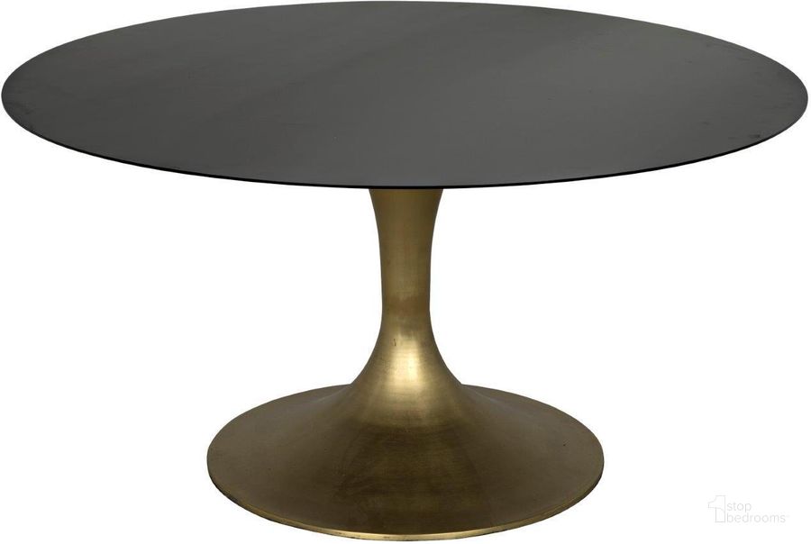 The appearance of Herno Table In Steel With Brass Finished Base designed by Noir in the transitional interior design. This brass piece of furniture  was selected by 1StopBedrooms from Herno Collection to add a touch of cosiness and style into your home. Sku: GTAB541MB. Table Base Style: Pedestal. Table Top Shape: Round. Material: Steel. Product Type: Dining Table. Size: 59". Image1