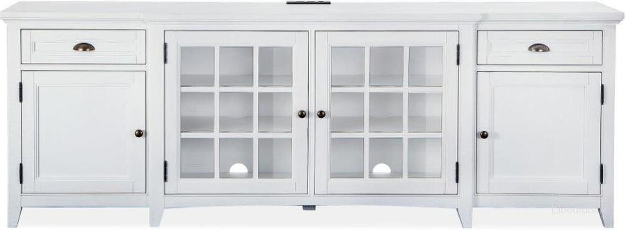The appearance of Heron Cove Chalk White Wood 90 Inch Console designed by Magnussen in the modern / contemporary interior design. This white piece of furniture  was selected by 1StopBedrooms from Heron Cove Collection to add a touch of cosiness and style into your home. Sku: E4400-09. Product Type: Entertainment Console. Image1