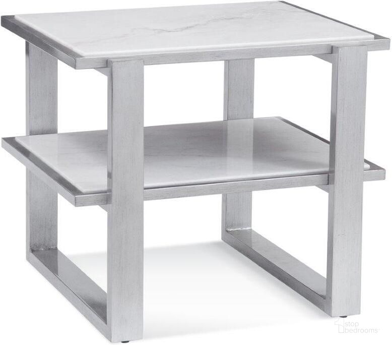 The appearance of Hessie White And Silver Rectangle End Table designed by Bassett Mirror Company in the modern / contemporary interior design. This white and silver piece of furniture  was selected by 1StopBedrooms from Hessie Collection to add a touch of cosiness and style into your home. Sku: 7750-LR-200EC. Material: Marble. Product Type: End Table.