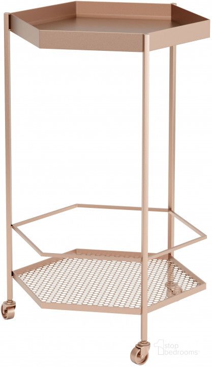 The appearance of Hex Gold Bar Cart designed by Zuo Modern in the modern / contemporary interior design. This gold piece of furniture  was selected by 1StopBedrooms from Hex Collection to add a touch of cosiness and style into your home. Sku: 101478. Material: Steel. Product Type: Bar Cart. Image1