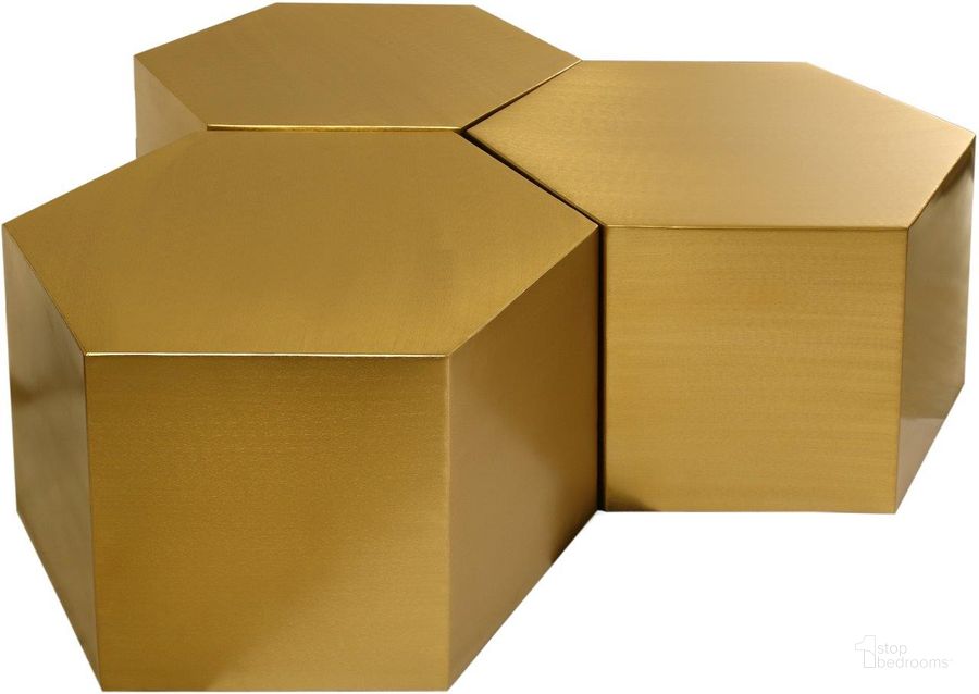The appearance of Hexagon Brushed Gold Coffee Table 292-CT-3PC designed by Meridian in the modern / contemporary interior design. This brushed gold piece of furniture  was selected by 1StopBedrooms from Hexagon Collection to add a touch of cosiness and style into your home. Sku: 292-CT-3PC-1;292-CT-3PC-2;292-CT-3PC-3. Product Type: Coffee Table. Material: Iron. Image1