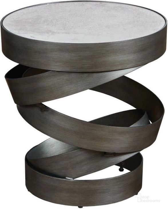 The appearance of Hidden Treasures Helix Round Accent Table designed by Hammary in the transitional interior design. This gray piece of furniture  was selected by 1StopBedrooms from Hidden Treasures Collection to add a touch of cosiness and style into your home. Sku: 090-1102. Material: Metal. Product Type: Accent Table.